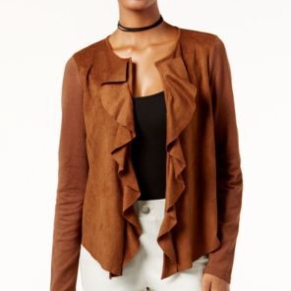 NWT Inc Ruffled Open Faux-Suede Brown Cardigan - Picture 2 of 2
